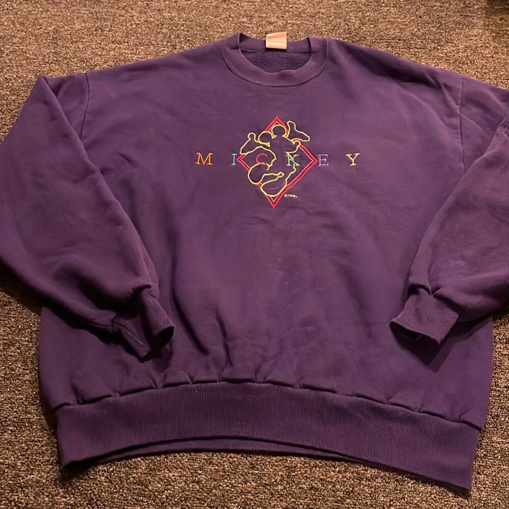 Vintage 90's Disney Mickey Mouse Purple Crewneck Sweatshirt Embroidered Sz Large